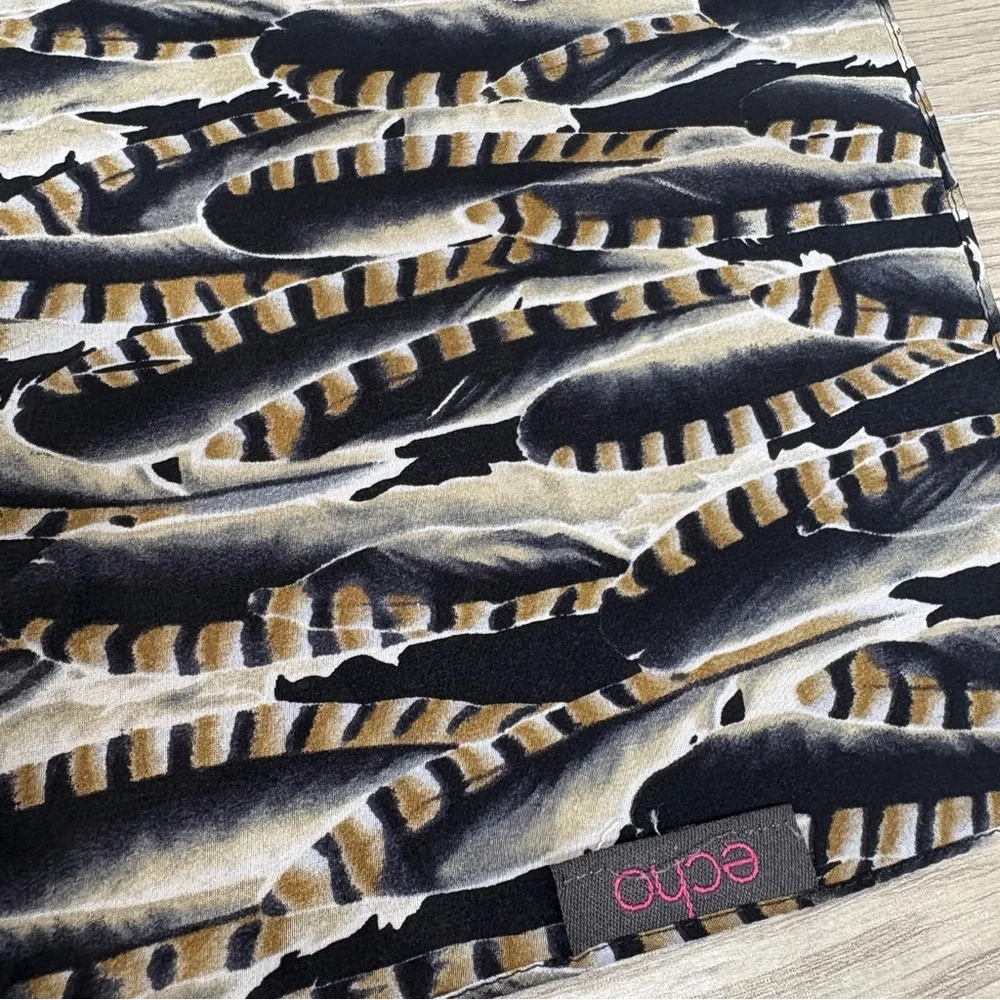 Echo Silk Feather Print Scarf Oblong Black Brown Neutral Classic Boho Chic